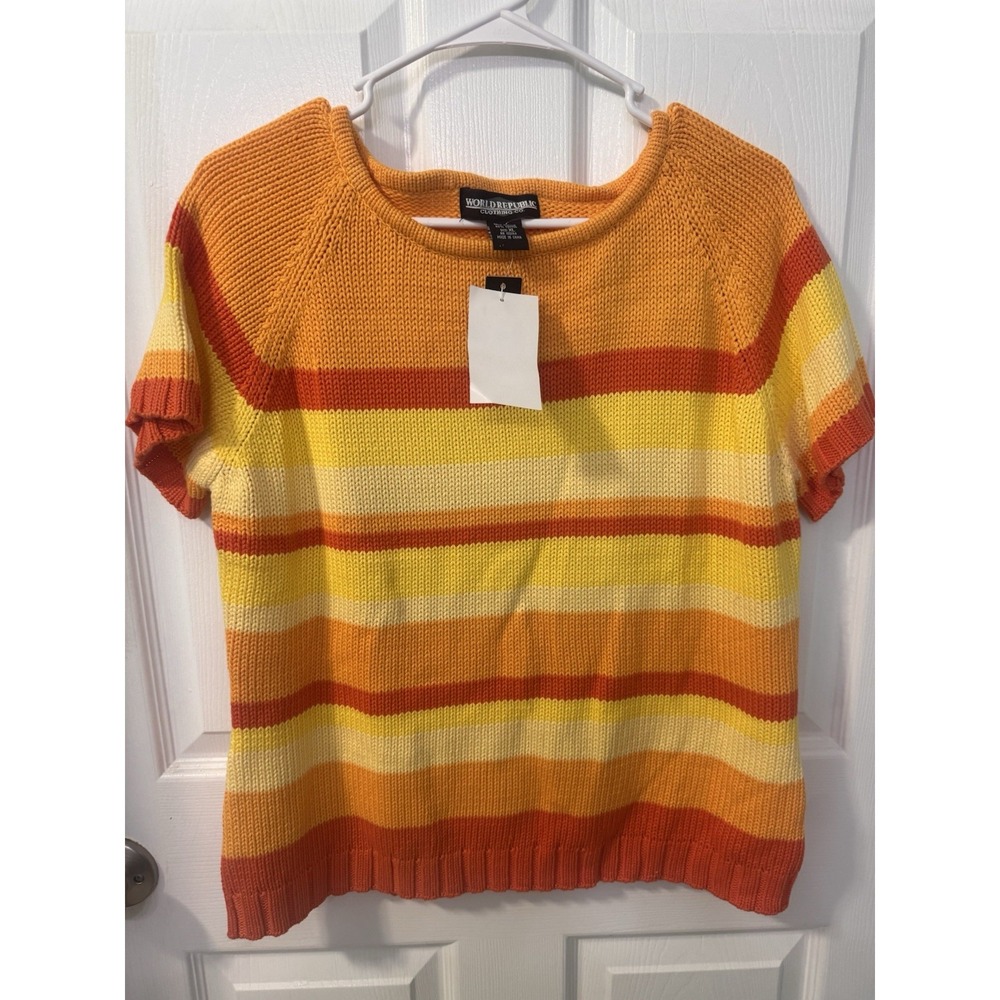 Vintage World Republic Women's Xl Striped Sweater Orange Yellow Short Sleeve Nwt